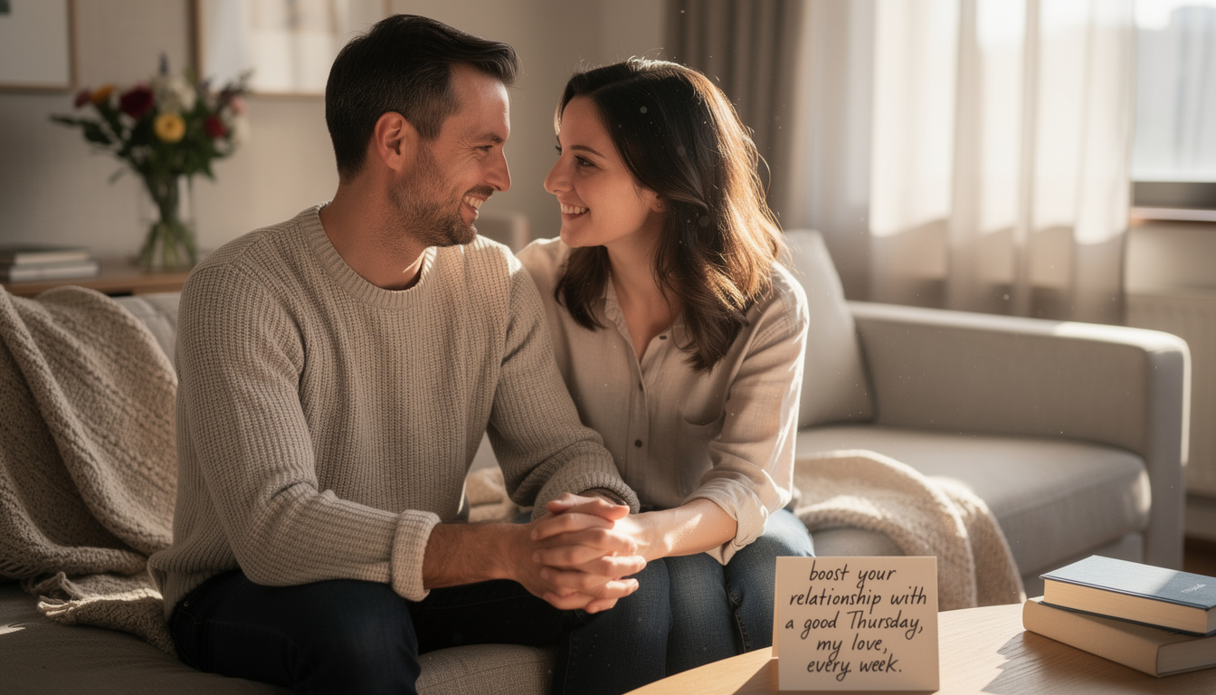 renforcez votre relation chaque semaine en envoyant un chaleureux 'bon jeudi mon amour' et partagez des moments de tendresse et de complicité.