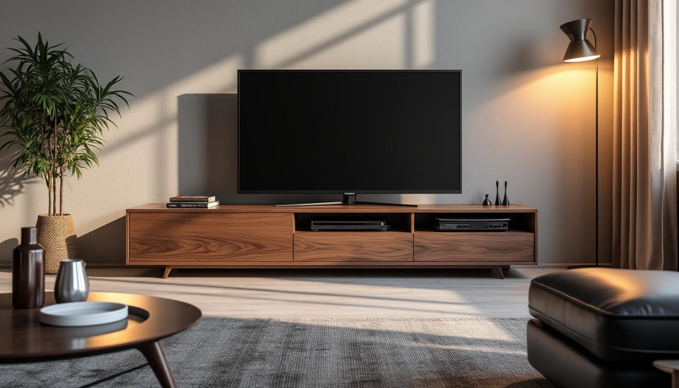 découvrez le meuble tv kaorka k16 xs de 120 cm en noyer, une pièce design qui allie élégance et fonctionnalité. idéal pour sublimer votre salon moderne, il offre un espace de rangement optimal tout en ajoutant une touche chaleureuse à votre décoration.
