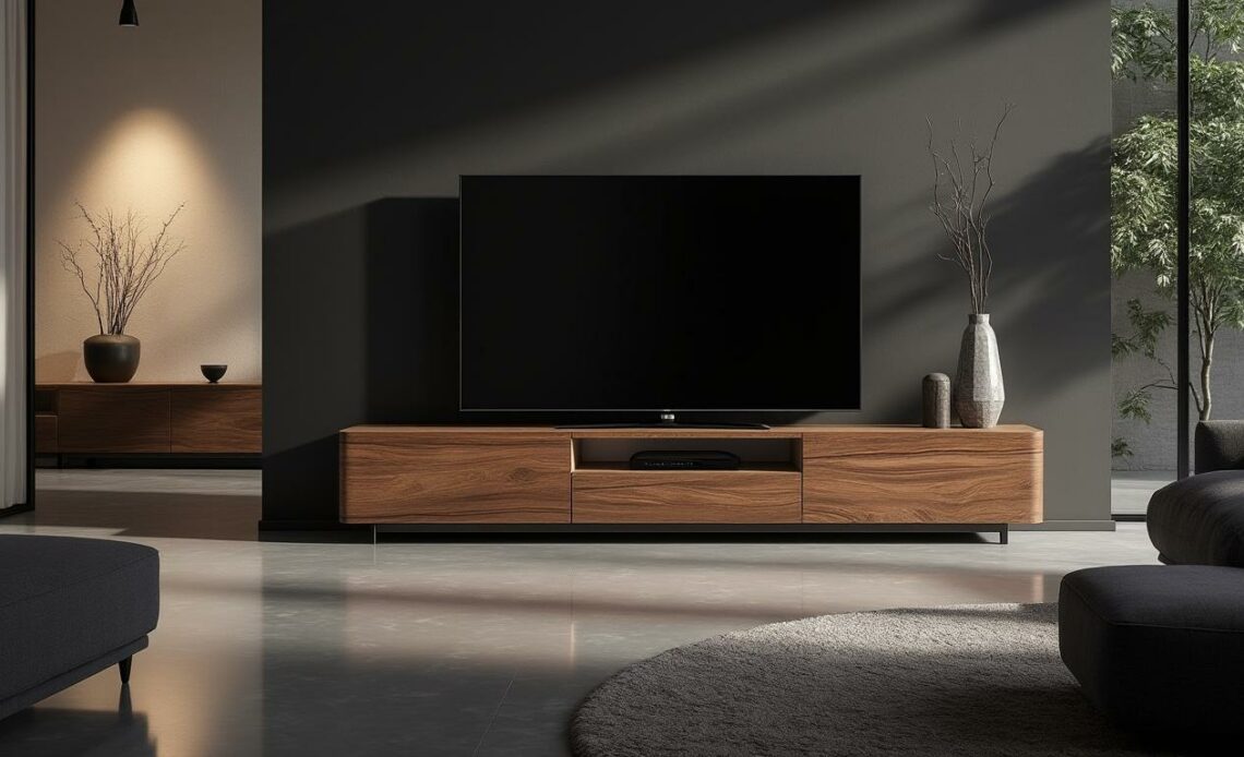 découvrez le meuble tv kaorka k16 xs 120cm en noyer, un élément essentiel pour sublimer votre salon moderne. alliant élégance et fonctionnalité, il offre un design raffiné et un espace de rangement pratique pour tous vos appareils multimédias.