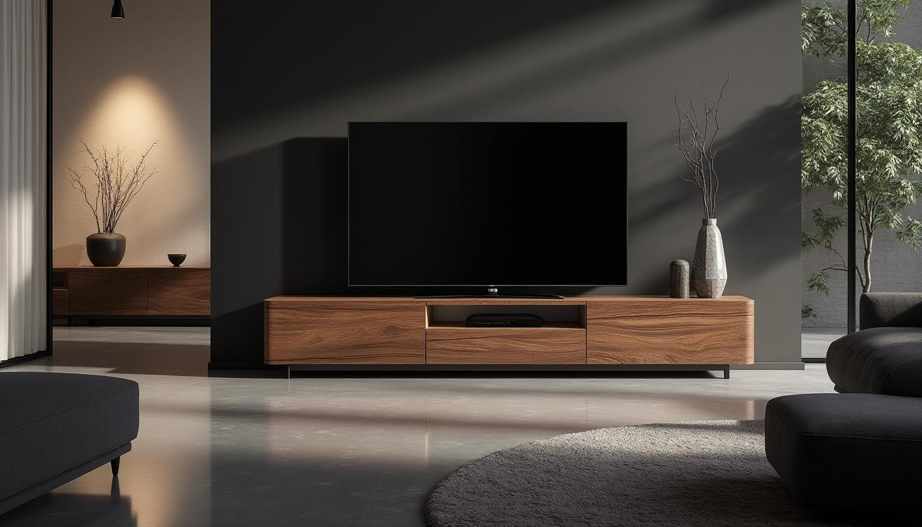 découvrez le meuble tv kaorka k16 xs 120cm en noyer, un élément essentiel pour sublimer votre salon moderne. alliant élégance et fonctionnalité, il offre un design raffiné et un espace de rangement pratique pour tous vos appareils multimédias.