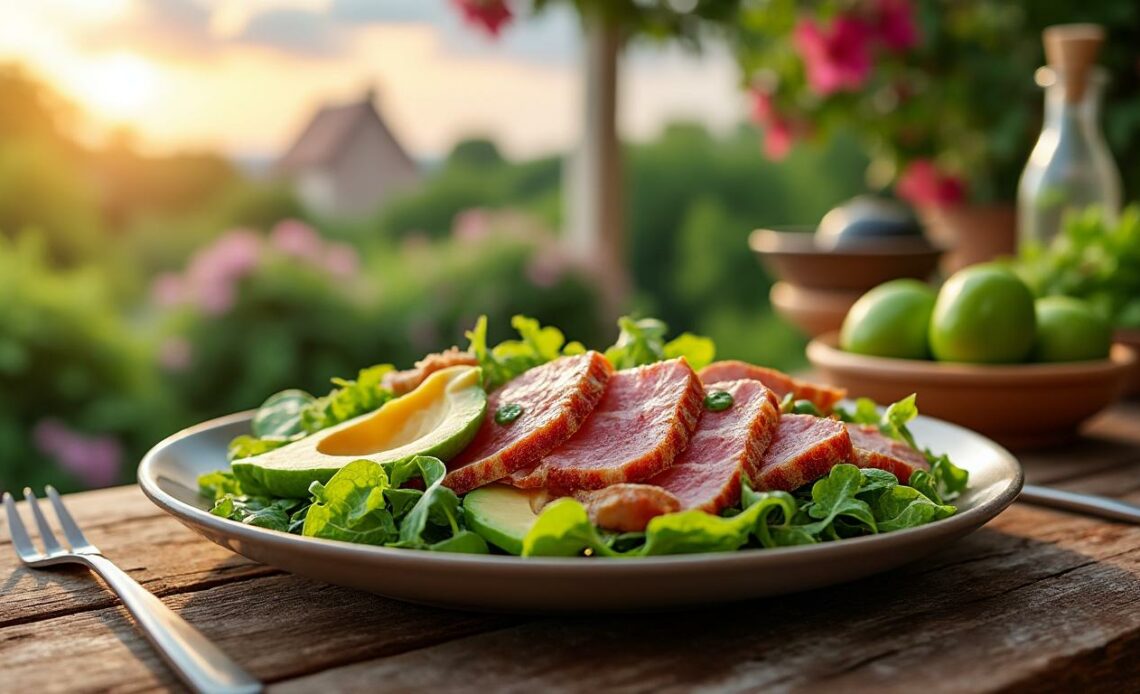 découvrez une salade gourmande et raffinée associant magret de canard fumé et avocat, idéale pour un repas frais, savoureux et élégant. recette facile et pleine de saveurs à partager.
