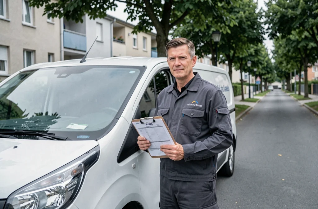 Serrurier en uniforme gris devant son véhicule de service dans une rue du Val-de-Marne, représentant l'entreprise AACE
