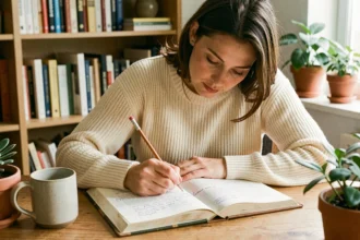 Femme annotant un livre de grammaire française sur les accords du participe passé dans un bureau chaleureux