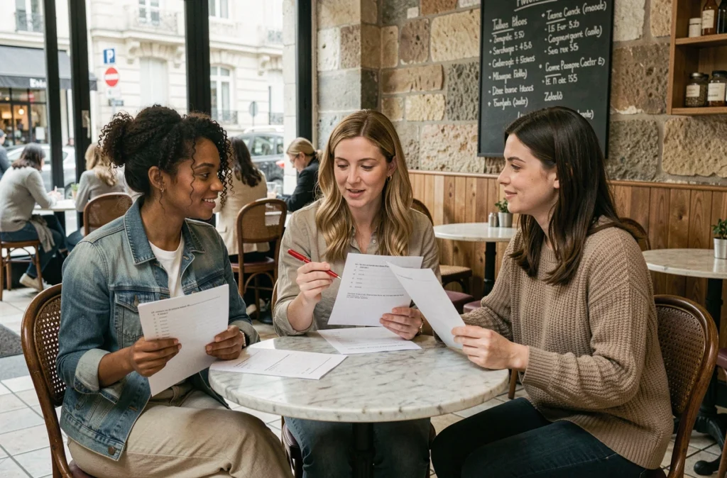 Groupe de femmes révisant les règles d'accord du participe passé au féminin pluriel dans un café parisien