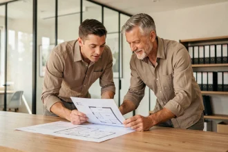 Couple consultant des documents immobiliers dans une agence lors d'un achat en copropriété