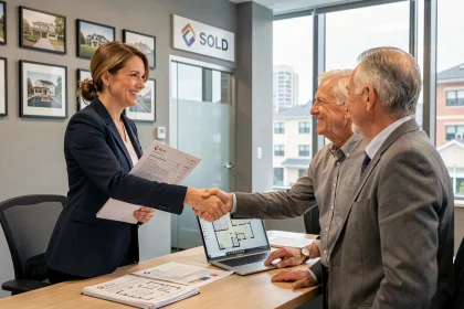 Agent immobilière professionnelle signant un mandat de vente avec un couple de vendeurs dans une agence immobilière moderne