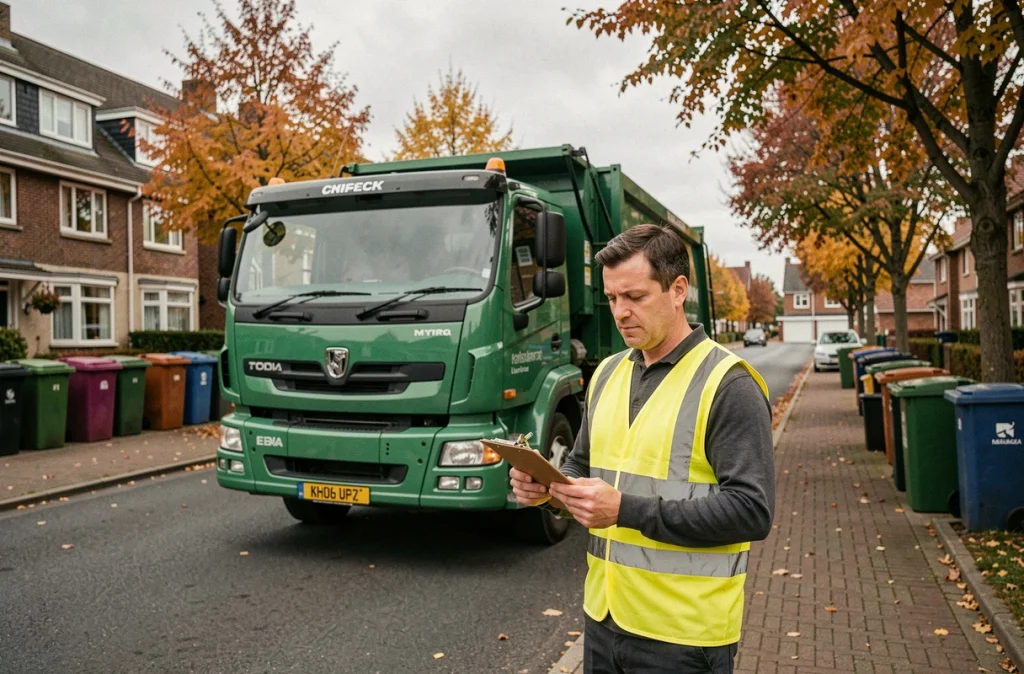 Agent de collecte des ordures ménagères debout près d'un camion benne dans une rue résidentielle en automne