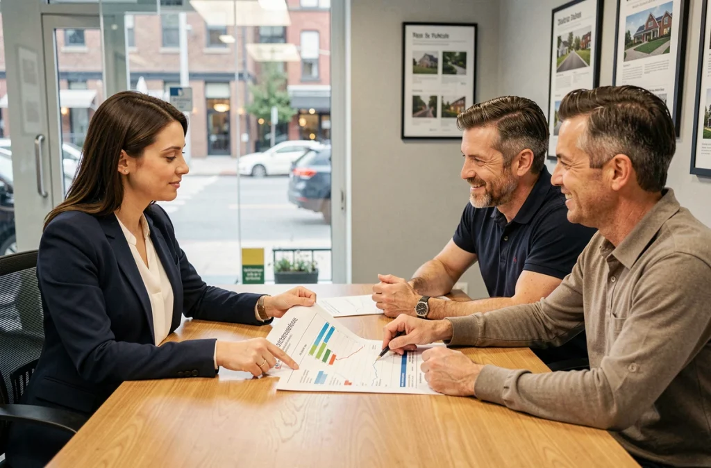 Agent immobilier présentant un rapport de diagnostic énergétique à un couple d'acheteurs dans une agence immobilière
