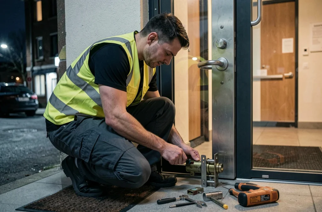 Technicien en gilet jaune intervenant en urgence sur une serrure de porte d'appartement pour Allo-Serrurier Saint-Maur