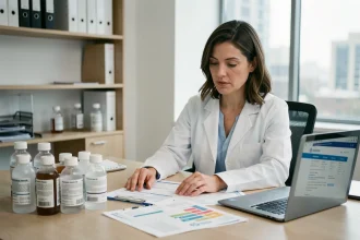 Femme chimiste comparant des alternatives sûres aux produits chimiques dangereux dans un bureau de laboratoire moderne
