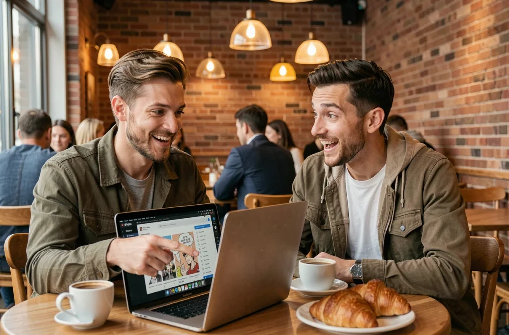 Deux amis adultes dans un café discutant d'une plateforme de lecture de manga yaoi en ligne sur un ordinateur portable