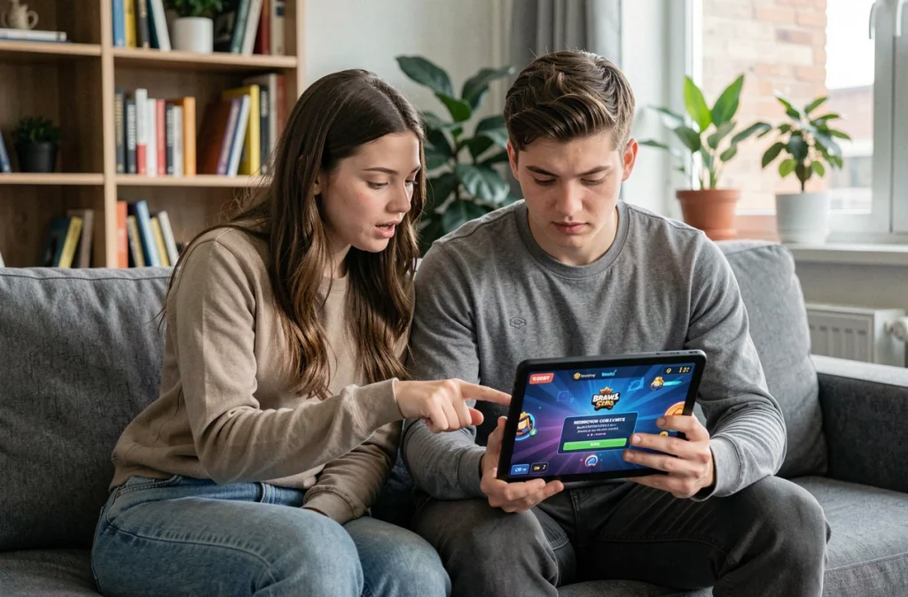 Deux amis vérifiant ensemble un code Supercell Store Brawl Stars sur une tablette dans un appartement moderne