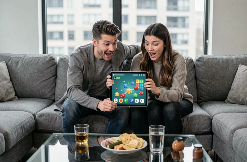 Deux amis adultes excités regardant ensemble des liens de dés Monopoly GO sur une tablette dans un salon moderne