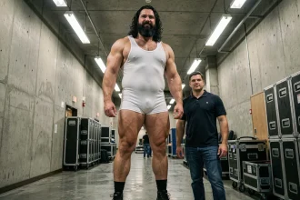 Un catcheur géant se tient à côté d'un membre d'équipe de taille normale dans un couloir de coulisses d'arène, illustrant la différence de stature impressionnante d'André le Géant