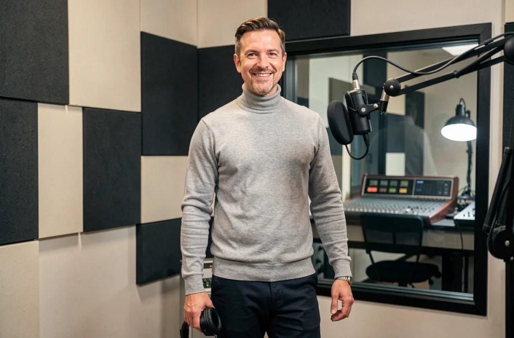 Animateur radio en studio podcast moderne, souriant avec casque à la main, symbolisant une nouvelle carrière dans les médias