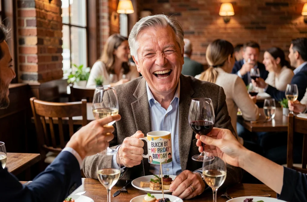 Homme d'une soixantaine d'années riant avec des amis autour d'une table de restaurant tenant une tasse humoristique pour fêter son anniversaire