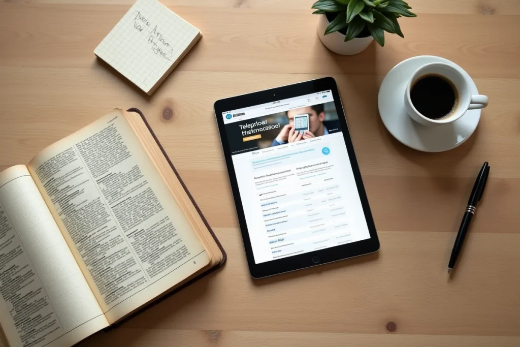 Annuaire téléphonique imprimé et tablette numérique côte à côte sur une table en bois pour comparer les services d'annuaire en ligne