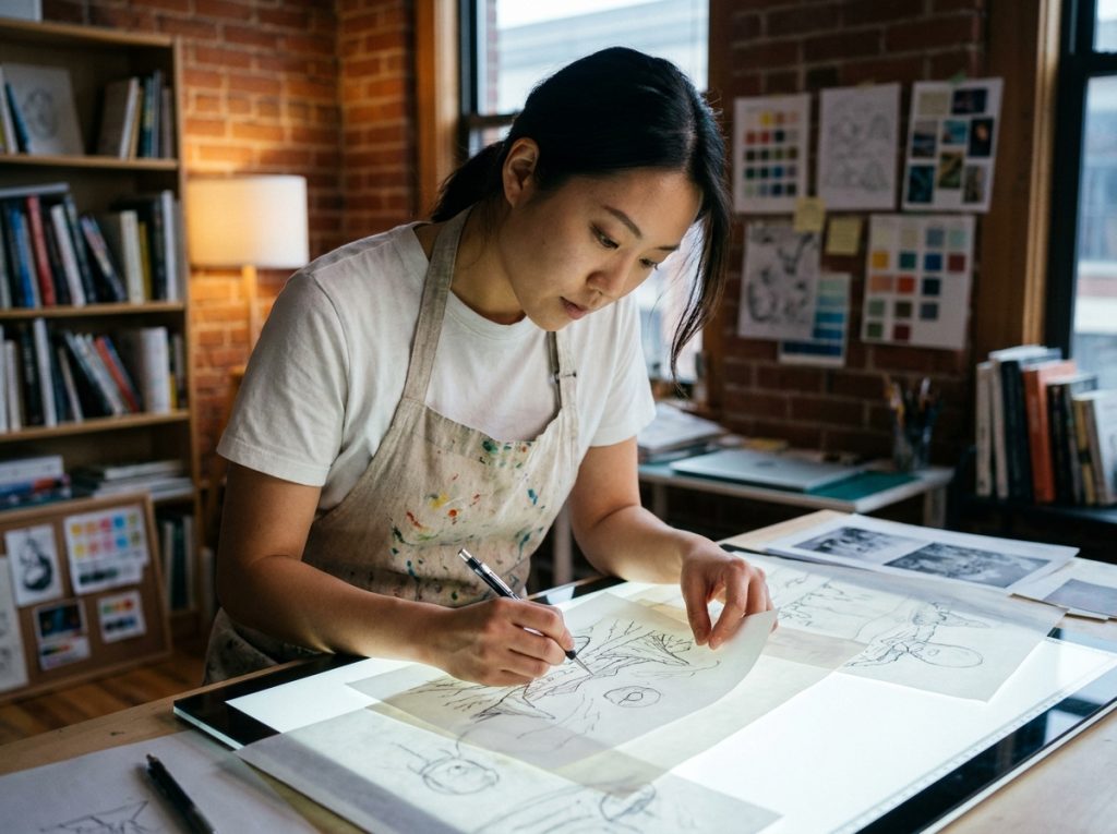 Artiste en concept art traçant un paysage extraterrestre imaginaire sur boîte lumineuse dans un atelier studio intimiste