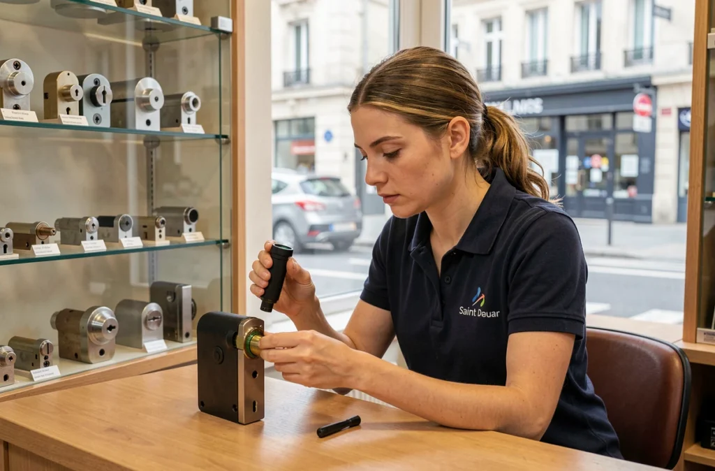 Technicienne spécialisée examinant un mécanisme de serrure dans la boutique locale des Ateliers de Saint-Maur ASM