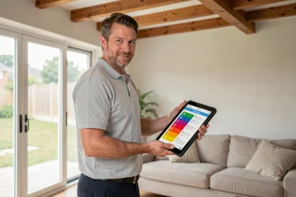 Auditeur énergétique tenant un certificat de performance énergétique dans un salon moderne lors d'un diagnostic immobilier