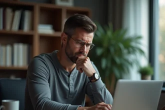 Homme consultant des avis clients partagés sur un site e-commerce depuis son bureau à domicile