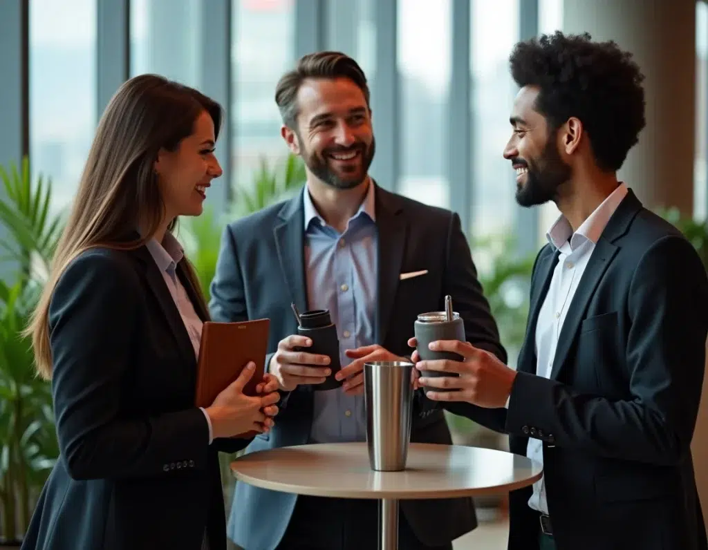 Groupe de professionnels échangeant des objets publicitaires haut de gamme lors d'un événement de networking