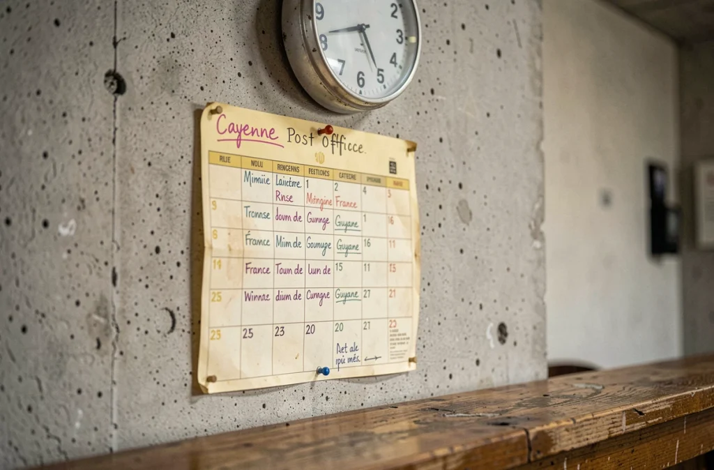 Calendrier mural annoté et horloge analogique dans un bureau de poste en Guyane illustrant le décalage horaire avec la France