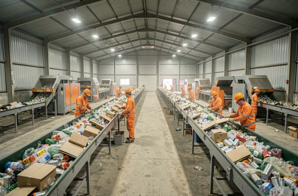 Intérieur d'un centre de tri des déchets ménagers recyclables avec tapis roulants et ouvriers en équipement de protection
