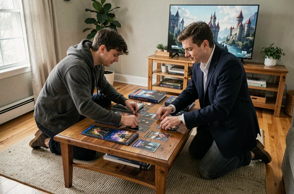 Deux amis classant les films du Seigneur des Anneaux en ordre chronologique sur une table basse