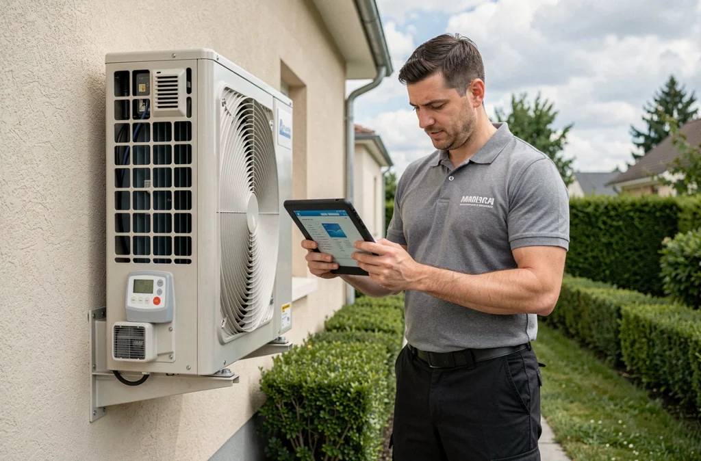 Technicien HVAC vérifiant une unité de climatisation extérieure à Gretz-Armainvilliers