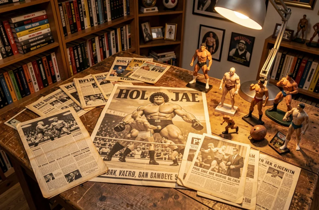 Collection de memorabilia de catch vintage avec affiches et photos en noir et blanc d'un catcheur géant, évoquant la légende et la fascination pour la taille d'André le Géant