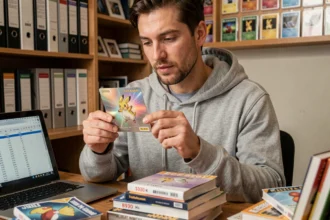 Collectionneur adulte analysant une carte Pokémon holographique en comparant sa cote avec des données de prix réels sur un bureau d'amateur