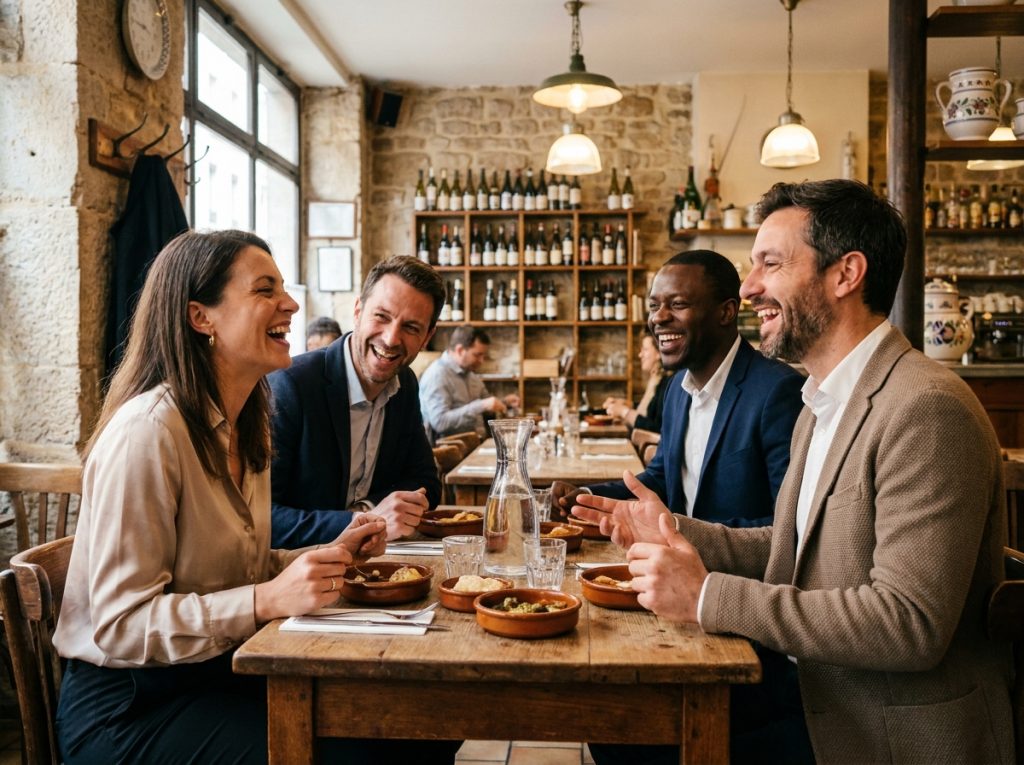 Groupe de collègues déjeunant ensemble dans un bouchon lyonnais, illustrant la convivialité et la qualité de vie au travail à Lyon