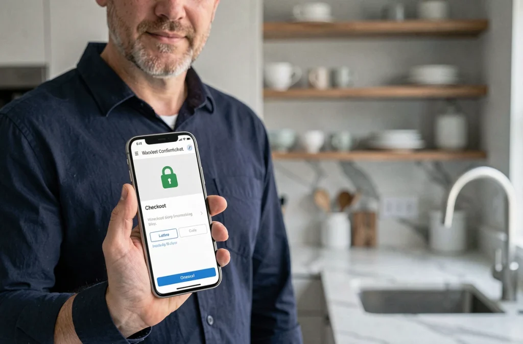 Homme consultant une confirmation de paiement sécurisé sur smartphone dans une cuisine moderne