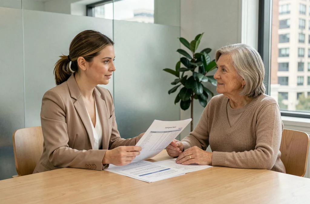 Conseillère immobilière présentant une analyse du marché à une propriétaire souhaitant vendre son bien