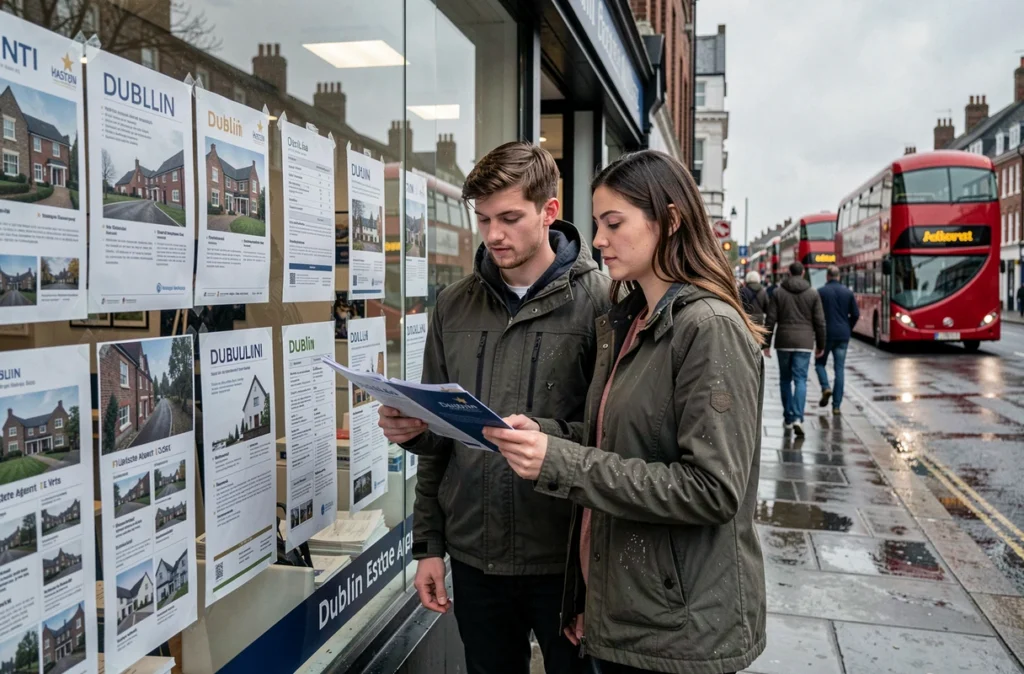 Couple de jeunes adultes consultant une agence immobilière à Dublin en période de crise du logement