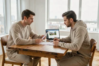 Couple étudiant les frais d'achat immobilier dans le neuf à domicile
