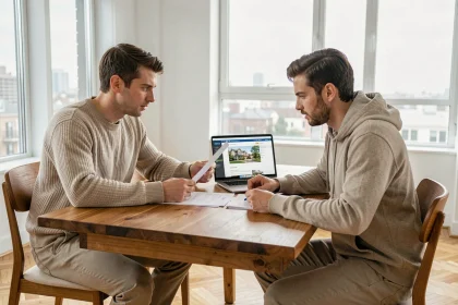 Couple étudiant les frais d'achat immobilier dans le neuf à domicile