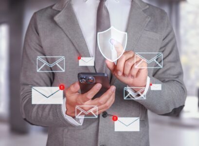 Cybersecurity and Email Protection. Businessman using smartphone with email notifications.