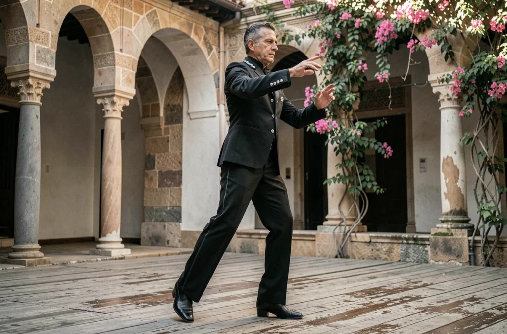 Danseur de flamenco masculin en costume noir frappant le sol dans une cour mauresque de Grenade