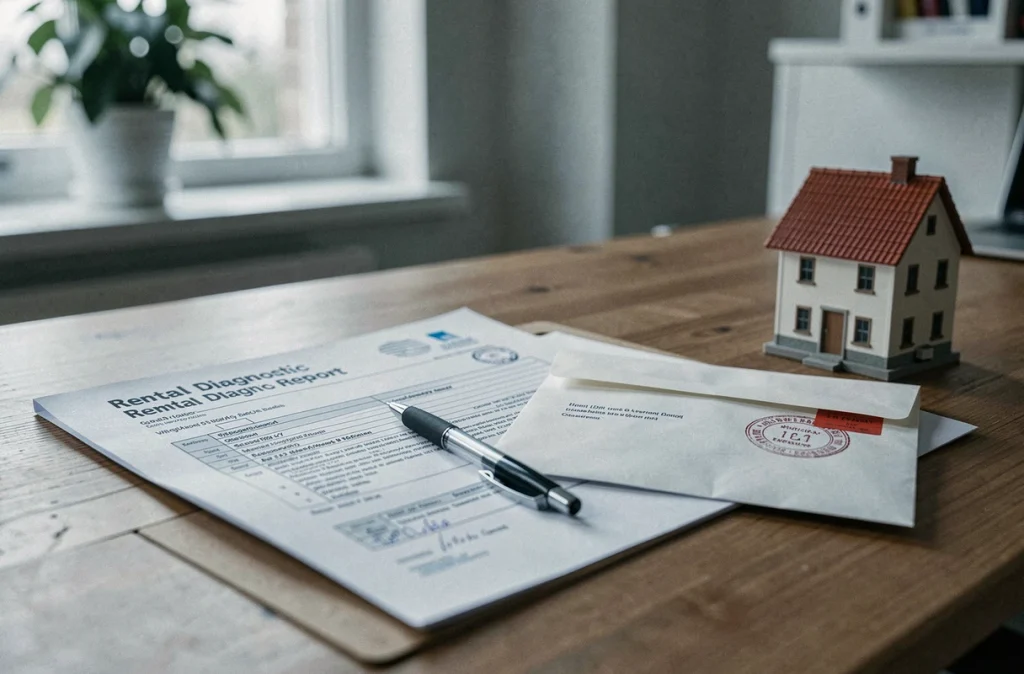 Dossier de diagnostics immobiliers obligatoires sur le bureau d'un propriétaire bailleur