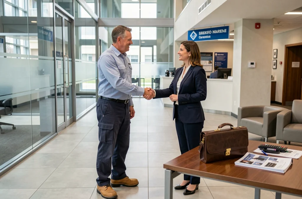 Serrurier professionnel en discussion avec une cliente professionnelle dans un hall d'immeuble, représentant Dujourdy et Cie services aux professionnels