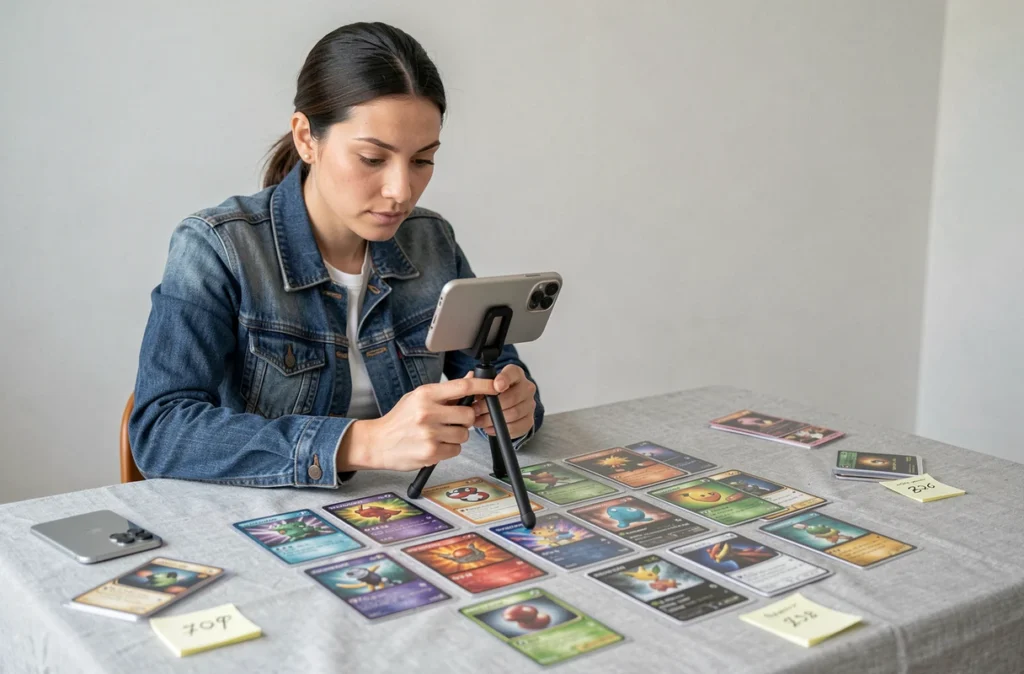 Jeune femme photographiant une collection de cartes Pokémon étalées pour estimer leur prix de vente réel sur le marché en ligne