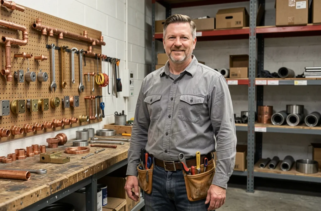 Artisan dans un atelier combinant serrurerie et plomberie, représentant l'établissement Victor à Saint-Maur-des-Fossés