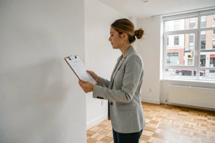 Femme effectuant un état des lieux d'entrée dans un appartement vide avec un formulaire de contrôle
