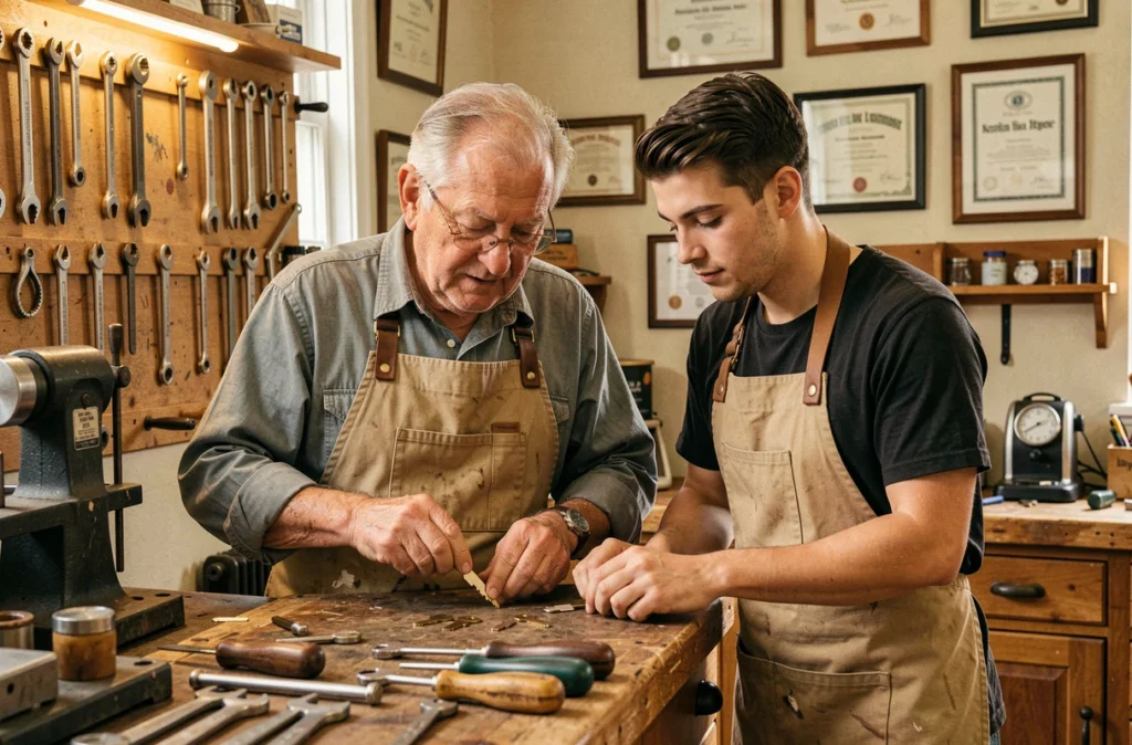 Père et fils artisans serruriers travaillant ensemble dans leur atelier familial, représentant Ets Lefebvre Père et Fils à Saint-Maur