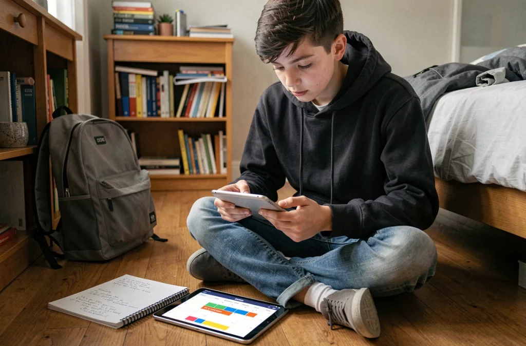 Adolescent utilisant une application de calendrier semaine paire impaire 2026 sur tablette dans sa chambre