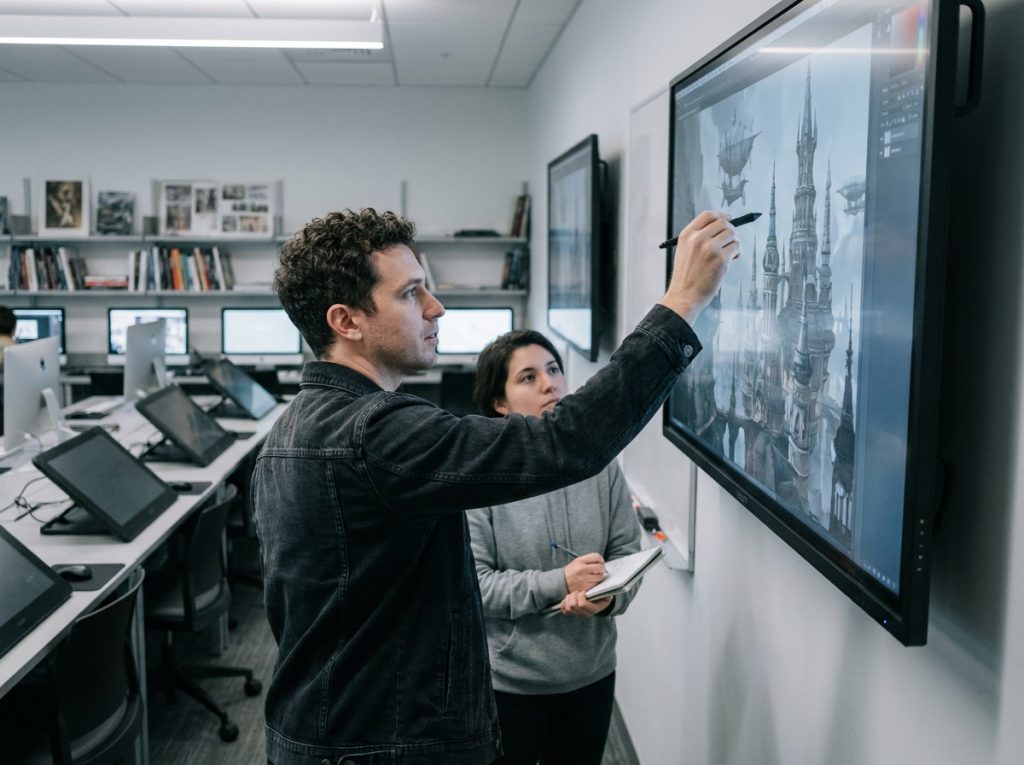 Étudiant en concept art présentant une ville fantastique numérique devant un écran dans une salle de cours spécialisée en art numérique