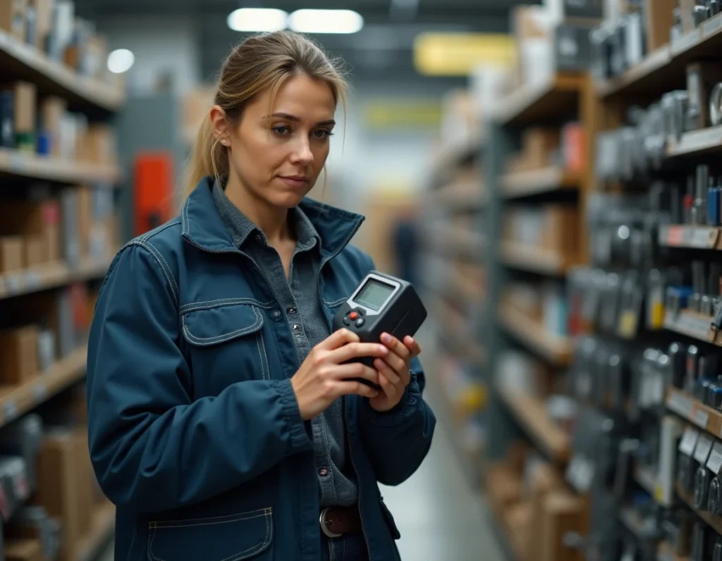 Femme examinant un dynamomètre dans un magasin de matériel professionnel avec une expression dubitative