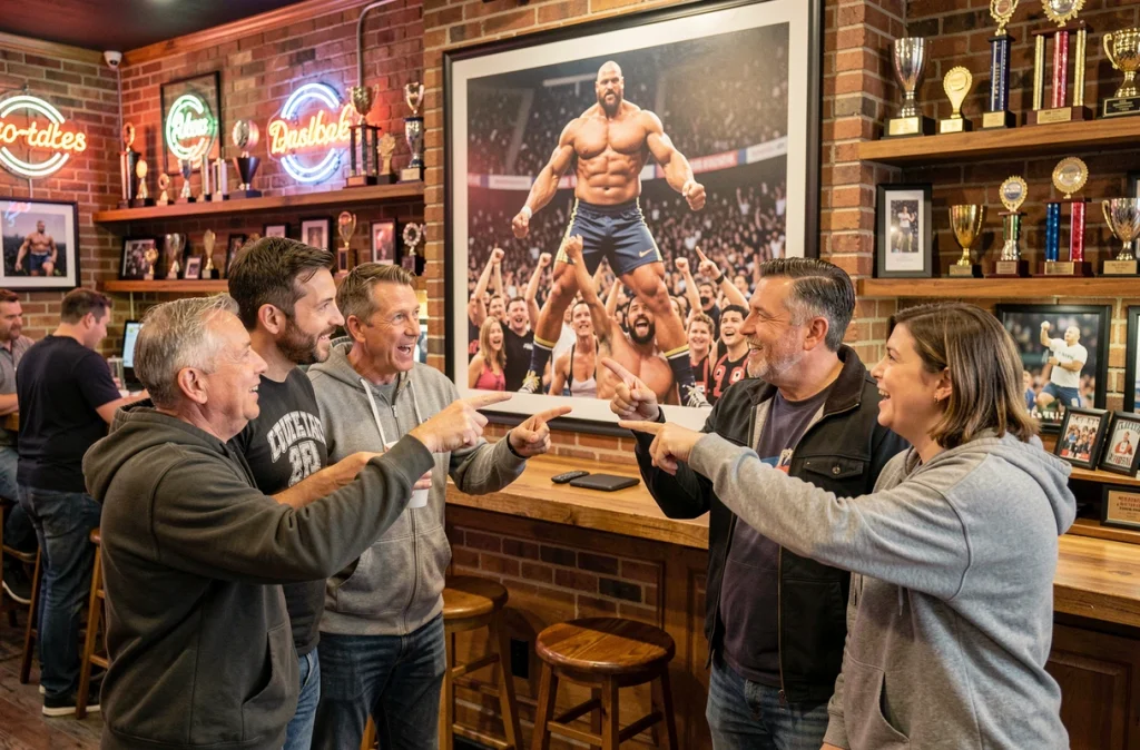 Des fans de catch discutent avec enthousiasme devant une grande photo encadrée d'un catcheur géant dans un bar sportif, illustrant la fascination durable pour la taille légendaire d'André le Géant